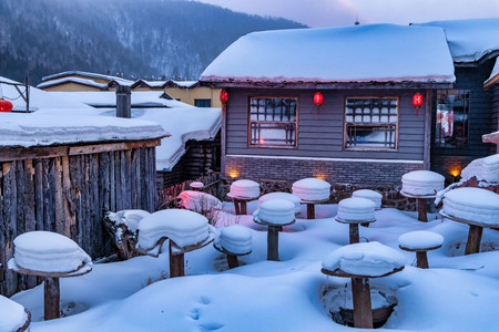 Harbin, heilongjiang province, China,January 8, 2019,Beautiful snow township at night, shuangfeng forest farm.のeditorial素材