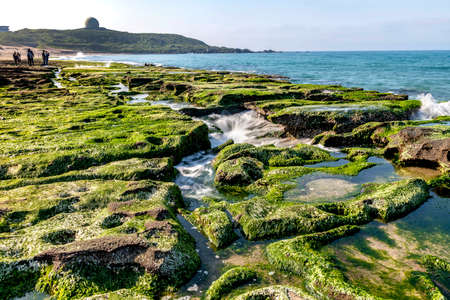 Laomei Green Reef, volcanic rocks with seasonal algae in Shimen District, New Taipei City, Taiwanの写真素材
