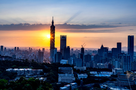 TAIPEI, TAIWAN - APR 9, 2022: Taipei cityscape during sunset hours with foregroundのeditorial素材