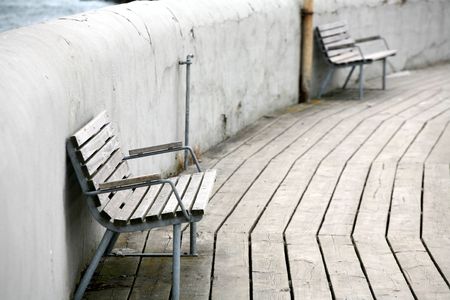 bench     in a harbor in denmarkの写真素材