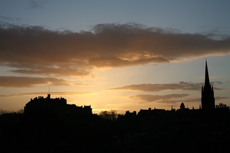 sunset on Edinburgh castle in scotland, view on the  castle churchの写真素材
