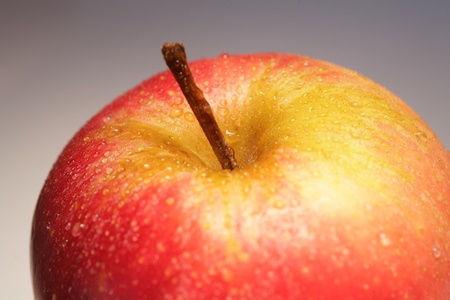 close up picture of a wet red appleの写真素材