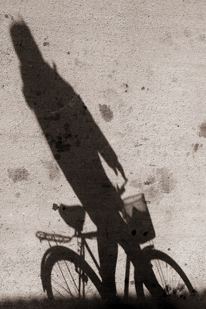 Biking on a street in bejing chinaの写真素材