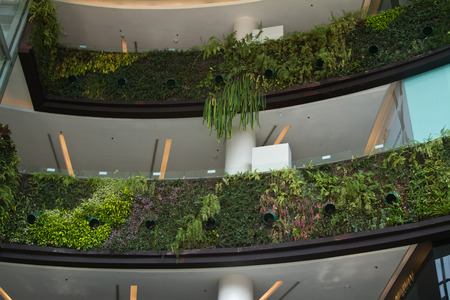 Views of a shopping centre in Thailand with a decorative wall of plantsのeditorial素材