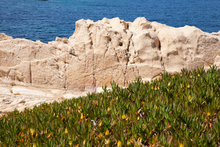 Rocks at the beach in Algajola Village or town in  Corsica in the Balagne arean the summerの写真素材