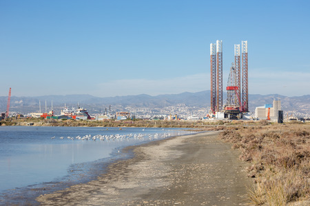 Limassol Port from the salt lake. Taken in March showing the salt lake and a flock of gulls.