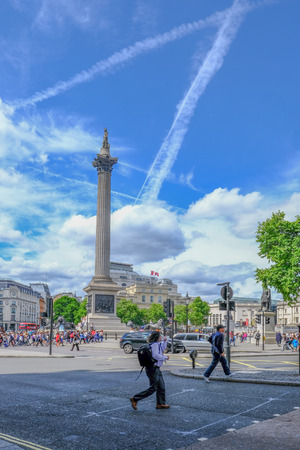 London, United Kingdom - July 21, 2017; Trafalgar Square with Nelson's Column, vertical view on a bright summer day.のeditorial素材