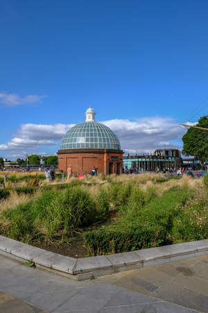 Greenwich, London, UK - August 10, 2017: Greenwich near Cutty Sark and shows foot tunnel entrance. Vertical shot taken on a bright summer day.のeditorial素材