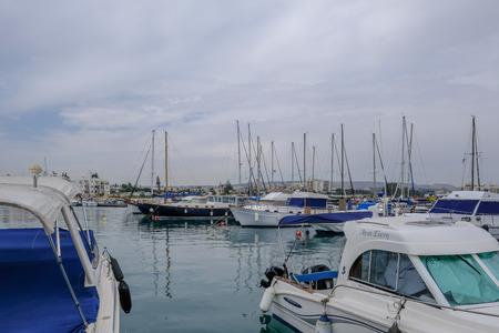 Zygi, Cyprus - June 16, 2018: yachts, motor boats and cruisers moored in Zygi's harbor. Taken on a...