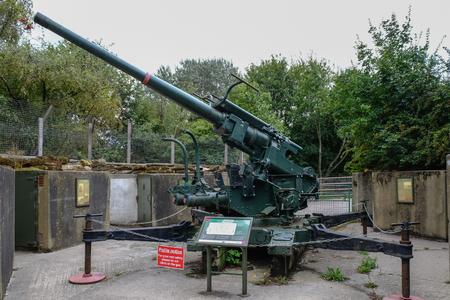 Mudcute, Isle of Dogs, London, UK - August 18, 2018: Second world war ack ack gun emplacement near the mudcute farm in east London.のeditorial素材