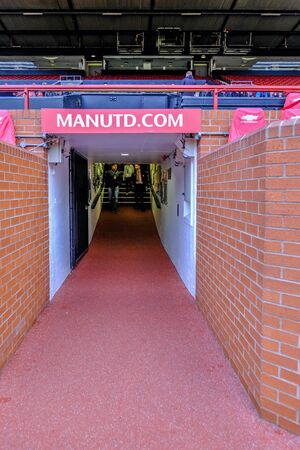 Old Trafford, Manchester, UK - January 20, 2019:  Portrait view of the original tunnel found near...