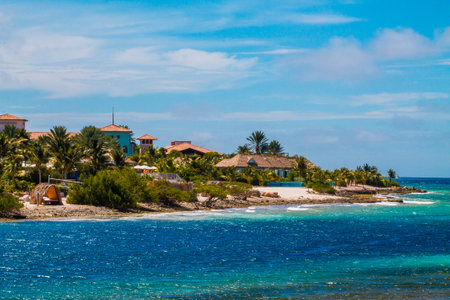 Beautiful tropical island with palm trees and turquoise seawaterの写真素材