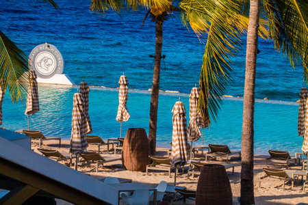 Sun loungers and umbrellas on the beach.の写真素材