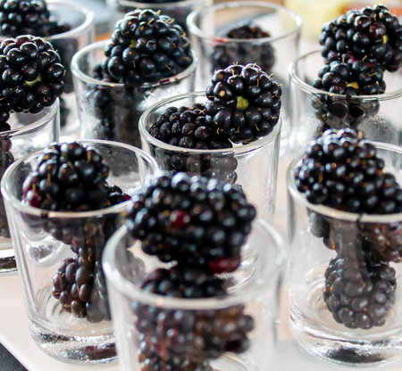 A close-up view of several small glass cups filled with fresh blackberries. The blackberries are plump and glossy, showcasing their rich dark color. The cups are arranged neatly, creating an appealing presentation of the fruit.の写真素材