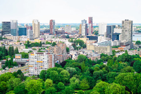 A panoramic view of a modern city skyline featuring tall buildings and green parks. The urban landscape showcases a mix of residential and commercial structures, with trees providing a lush foreground.の写真素材
