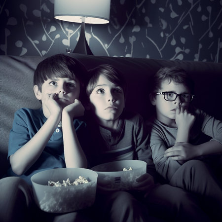 Spooky Movie Night: Three Boys Huddled Together Watching a Scary Filmの素材