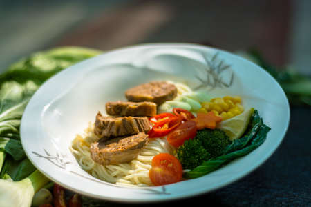 Beef noodles with vegetablesの写真素材