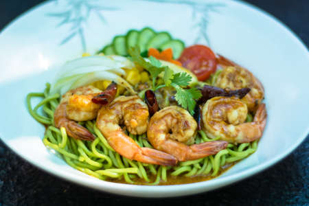 Shrimps Noodles with vegetablesの写真素材
