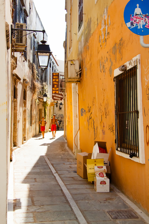 RETHYMNO, CRETE, GREECE â JULY 16, 2014: Narrow streets of the old town of Rethymnoのeditorial素材
