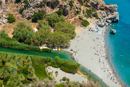 View of Preveli Beach, also known as Palm Beach, and lagoon from above. Crete, Greeceの写真素材