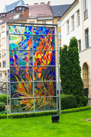 BUDAPEST, HUNGARY - MAY 21, 2015: Memorial stained glass in Raoul Wallenberg Memorial Park in the courtyard of the Dohany StreetÂ Synagogueのeditorial素材