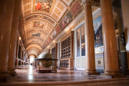 Interior of the Fontainebleau Palace. Gallery of Diana with a big globeのeditorial素材