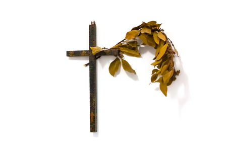 Wooden cross with a branch of laurel on the white wallの写真素材