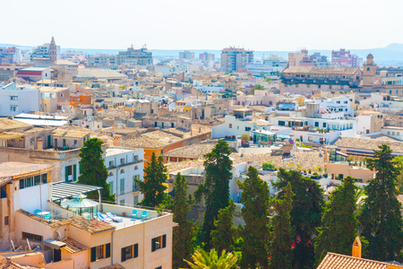 View over the rooftops of Palma de Mallorca from  the terrace of the Cathedral of Santa Maria of Palma, also known as La Seu. Palma, Majorca, Spainの写真素材