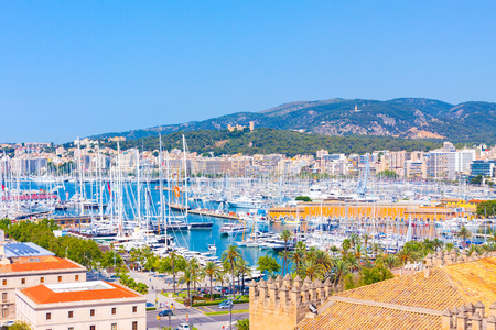 View of the port of Palma with luxury yachts from the terrace of the Cathedral of Santa Maria of Palma, also known as La Seu. Palma, Mallorca, Spainのeditorial素材