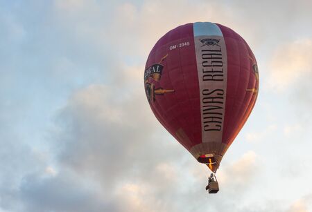 Manacor, Mallorca, Spain - October 27, 2019:  FAI European Hot Air Balloon Championship in Spain. Hot air balloon in flightのeditorial素材