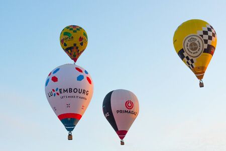 Manacor, Mallorca, Spain - October 27, 2019:  FAI European Hot Air Balloon Championship in Spain. Balloons in flightのeditorial素材