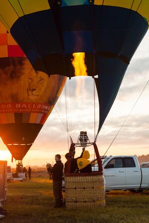 Manacor, Mallorca, Spain - October 27, 2019:  FAI European Hot Air Balloon Championship in Spain. Balloons rising up in the airのeditorial素材