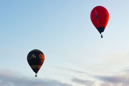 Manacor, Mallorca, Spain - October 27, 2019:  FAI European Hot Air Balloon Championship in Spain. Balloons in flightのeditorial素材