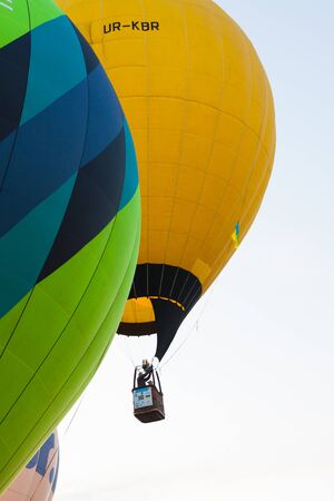 Manacor, Mallorca, Spain - October 27, 2019:  FAI European Hot Air Balloon Championship in Spain. Balloons rising up in the airのeditorial素材