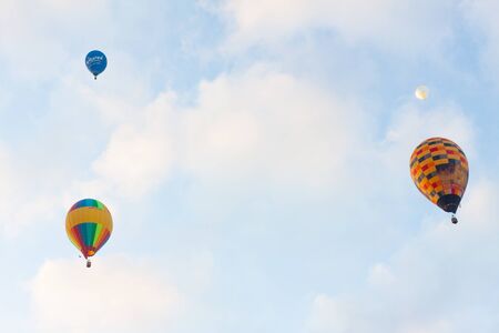 Manacor, Mallorca, Spain - October 27, 2019:  FAI European Hot Air Balloon Championship in Spain. Lots of hot air balloons in the airのeditorial素材