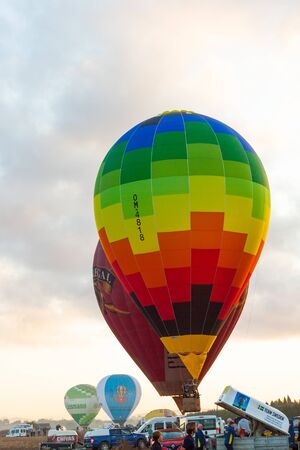 Manacor, Mallorca, Spain - October 27, 2019:  FAI European Hot Air Balloon Championship in Spain. Balloons rising up in the airのeditorial素材