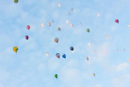 Manacor, Mallorca, Spain - October 27, 2019:  FAI European Hot Air Balloon Championship in Spain. Lots of hot air balloons in the airのeditorial素材