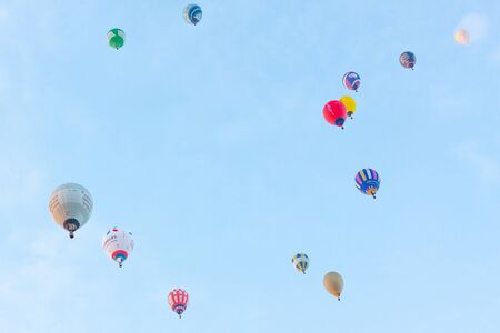 Manacor, Mallorca, Spain - October 27, 2019:  FAI European Hot Air Balloon Championship in Spain. Lots of balloons flying over Mallorcaのeditorial素材