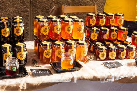 Porreres, Mallorca, Spain - October 27, 2019: Honey "Mel es Begot" for sale on Porreres Market. Majorca, Spainのeditorial素材