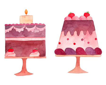 Birthday Cakes, Strawberries, watercolor illustration. Sweet decorative elements. Love artwork set. Pink lovely background.のイラスト素材