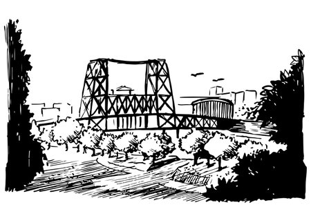 Tom McCall Waterfront Bridge ink sketch. American landmarks. Park landscape vector drawing. Isolated black and white illustration.のイラスト素材
