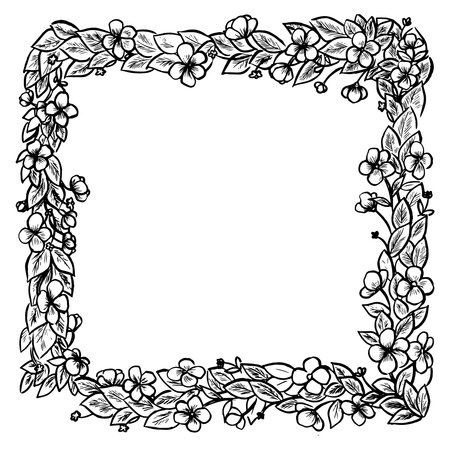 Floral frame ink illustration. Leaves and flowers vector drawings. Vector background. Sketching style.のイラスト素材