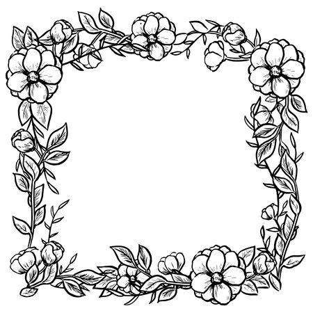 Floral frame ink illustration. Flowers and flowers decorative background. Card template. Vector frame.のイラスト素材