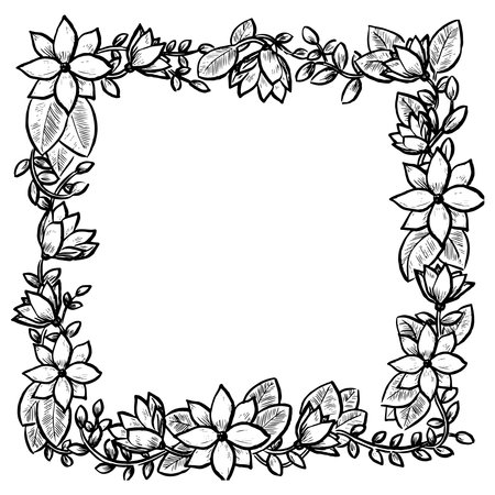 Floral frame ink illustration. Decorative flowers and leaves vector drawing. Nature artwork.のイラスト素材