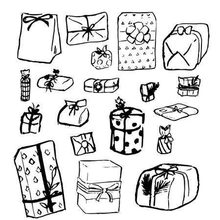 Gift sketches set. Birthday, christmas, celebrations gifts box, Gifts box with ribbons, flowers, patterns in different shapes. Ink sketch minimal simple vector drawings.のイラスト素材
