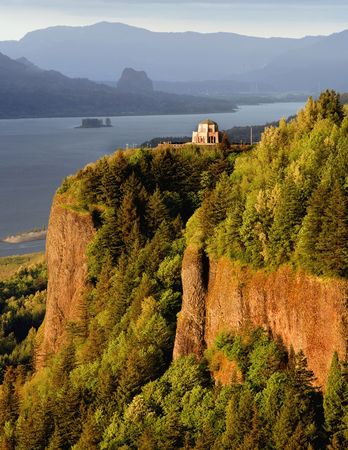 Serene landscape from Crown Point State Park of the Vista house in Oregon, close to Hood River.  Vista House is an interpretive center along the historic Columbia River hwy. Taken in evening light with its beautiful surroundingsの写真素材