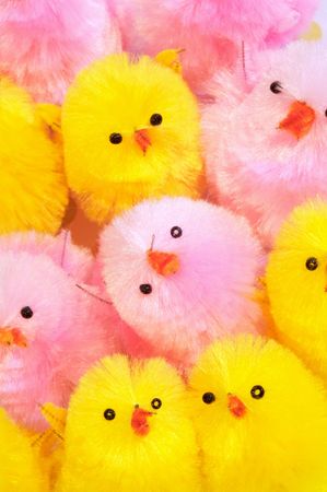 Cute little yellow and pink easter chicks bunched together looking upward