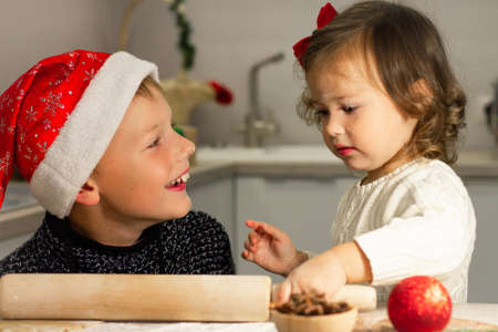 Cute little girl 2-4 with a red bow and boy 7-10 in a Christmas cap, making Christmas gingerbread cookies in the New Year's kitchen.の写真素材