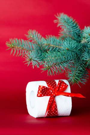 Roll of toilet paper as a christmas gift, under a branch of a christmas tree on a red backgroundの写真素材