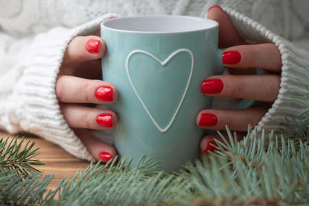 A woman's hands in a white knitted sweater with red nail polish hold a mint mug with a heart, near the branches of a Christmas tree.の写真素材